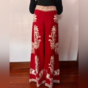 Alice and Olivia Red Wide-Leg Embroidered Pants